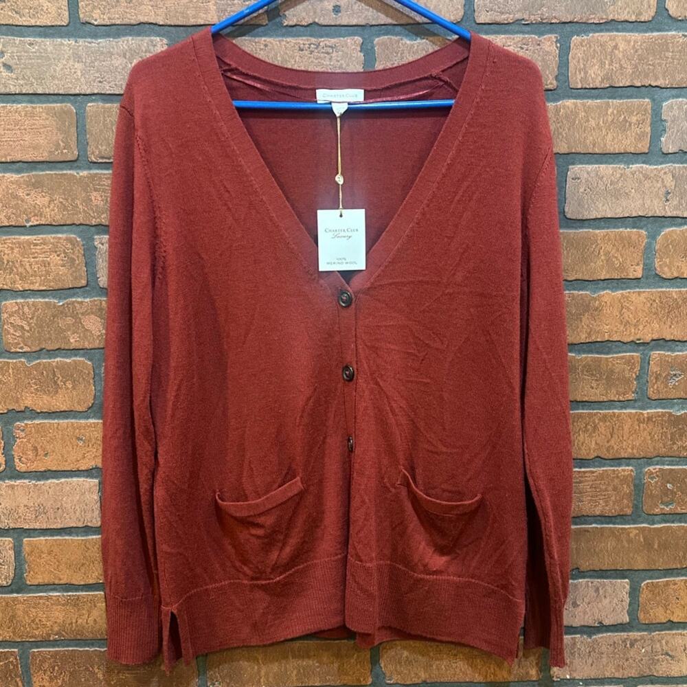 Charter Club Red Boyfriend Cardigan merino wool M preppy college old money